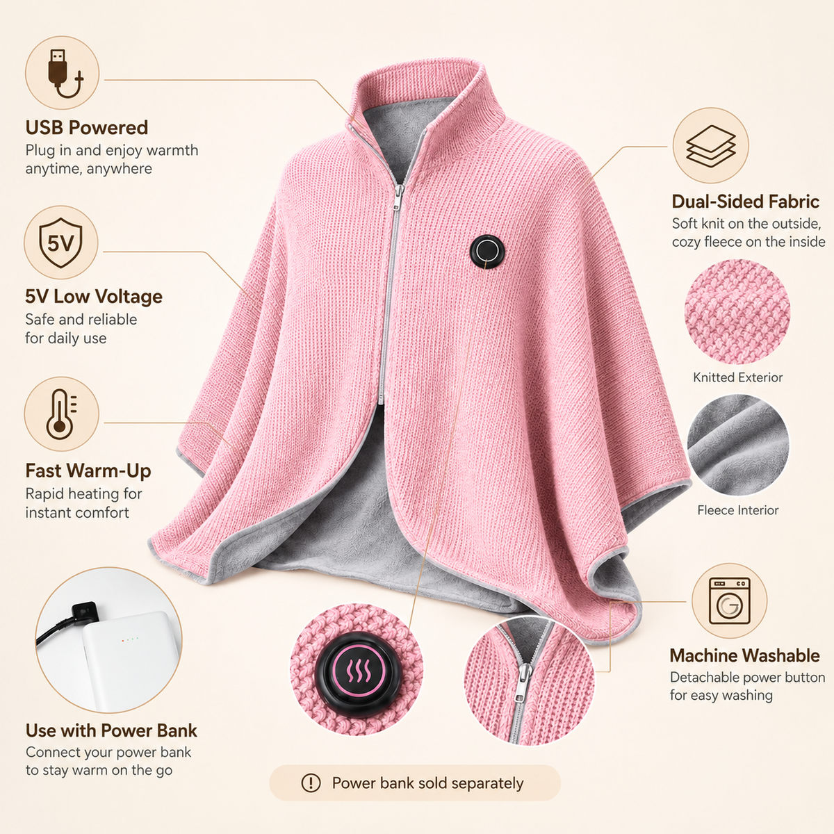 Wearable Heated Shawl 3 Heat Levels Portable Thermal Wrap