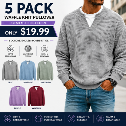 Men's Layered Comfort Waffle Knit Pullover Soft Thermal Long Sleeve Sweater