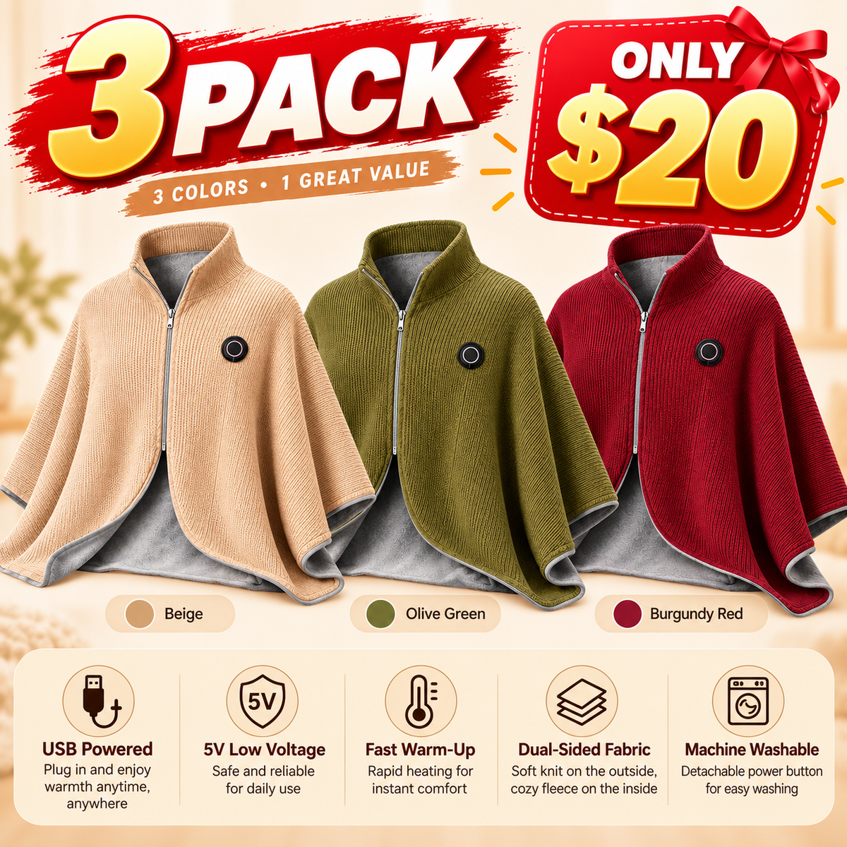 Wearable Heated Shawl 3 Heat Levels Portable Thermal Wrap